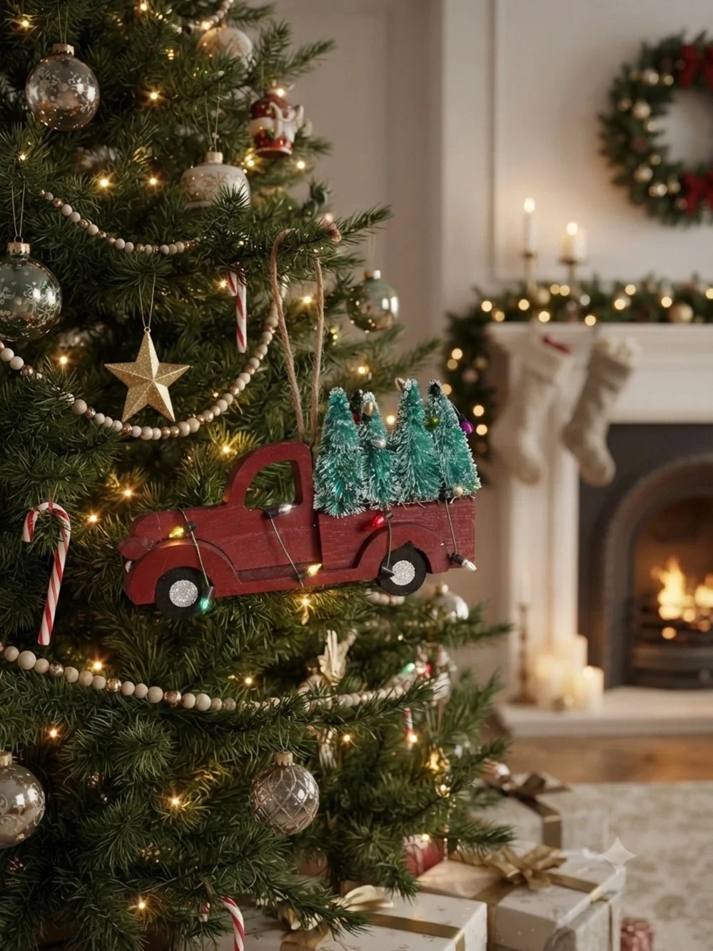 Vintage Festive Red Truck Christmas Tree Ornament with Green Bottlebrush Trees